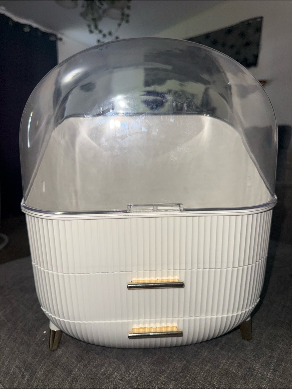 White Cosmetic Organizer with Clear Dome and Gold-Trim Drawers